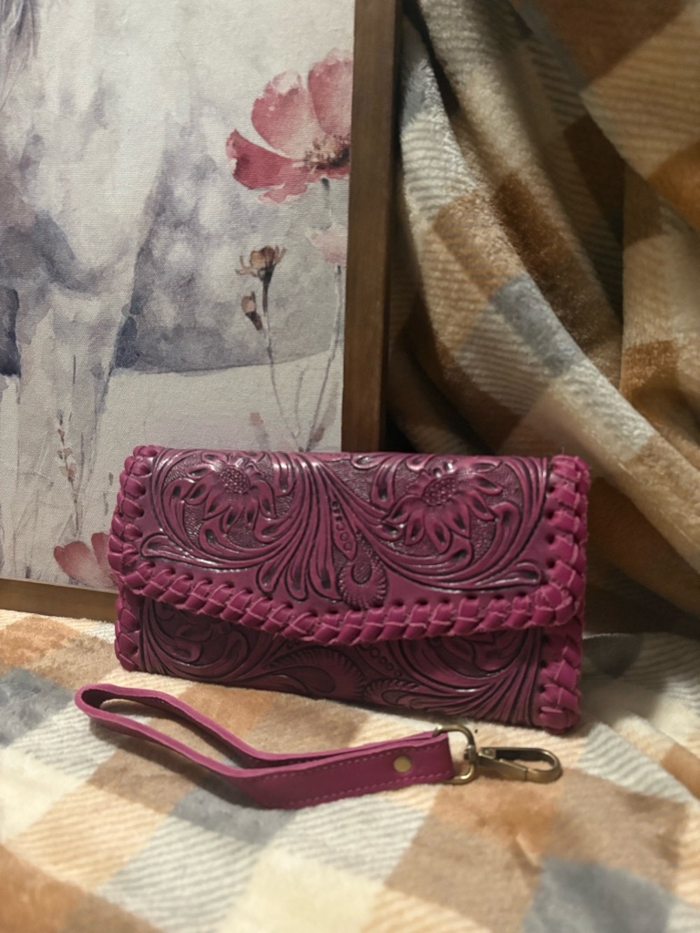 Hand-Tooled Floral Clutch Wallet in Magenta